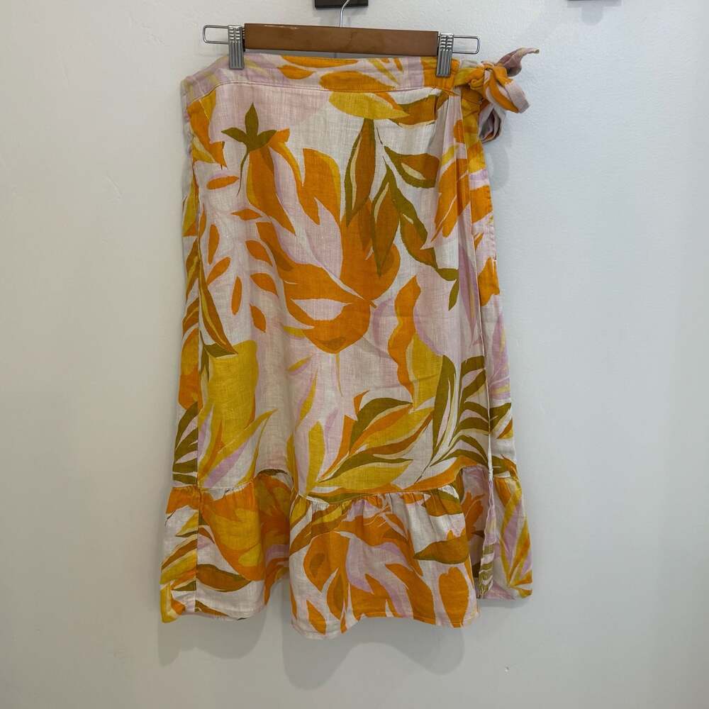 C&C California 100% Linen Tropical Floral Wrap Midi Skirt Size L